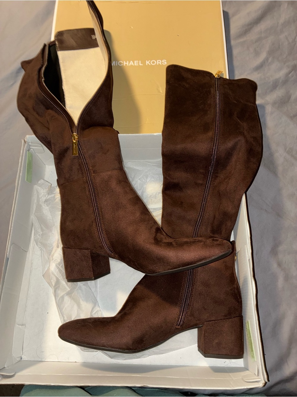 Michael Kors Dark Brown Suede Mid-Calf Block Heel Boots